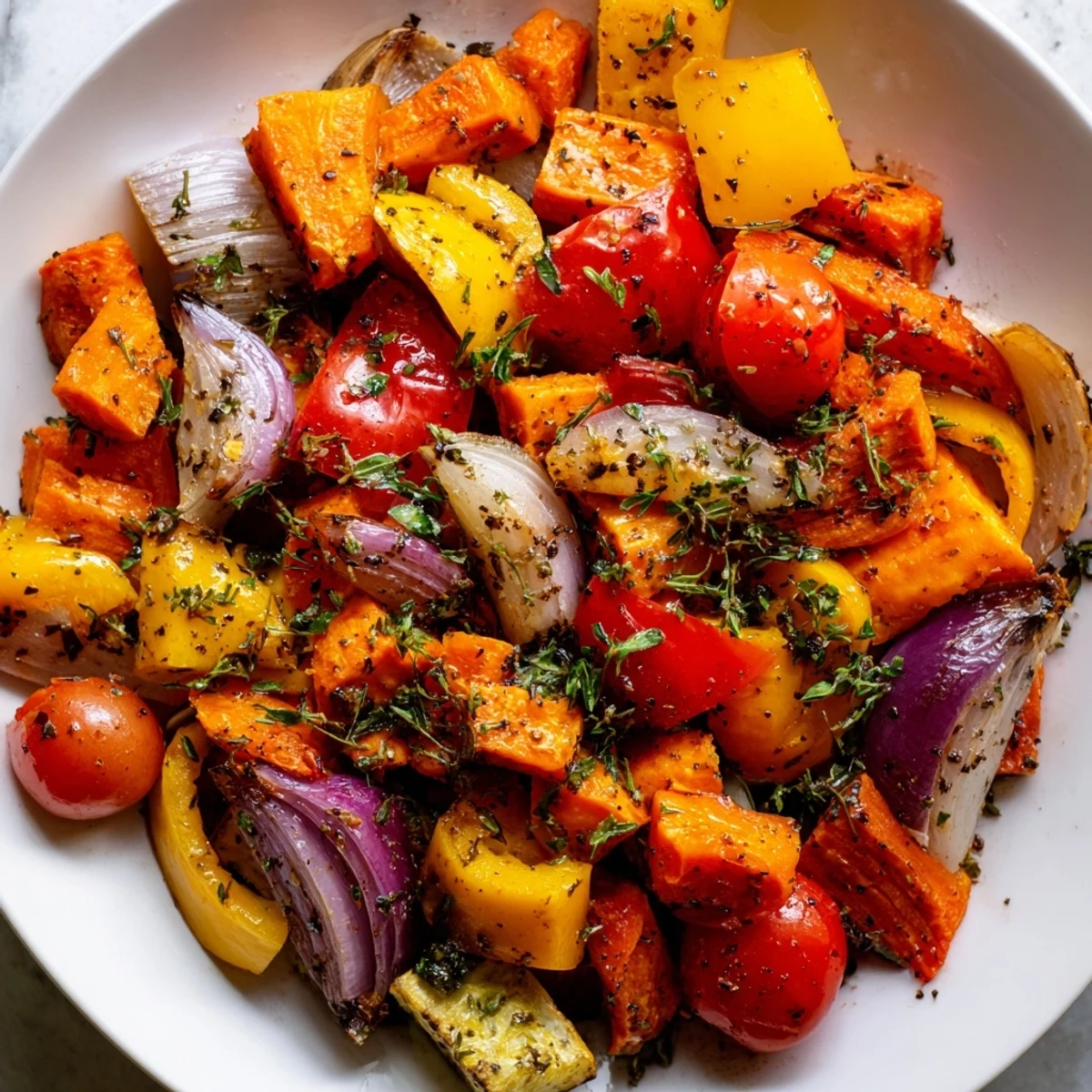 A colorful thyme roasted vegetable medley, perfect for a healthy side dish.  