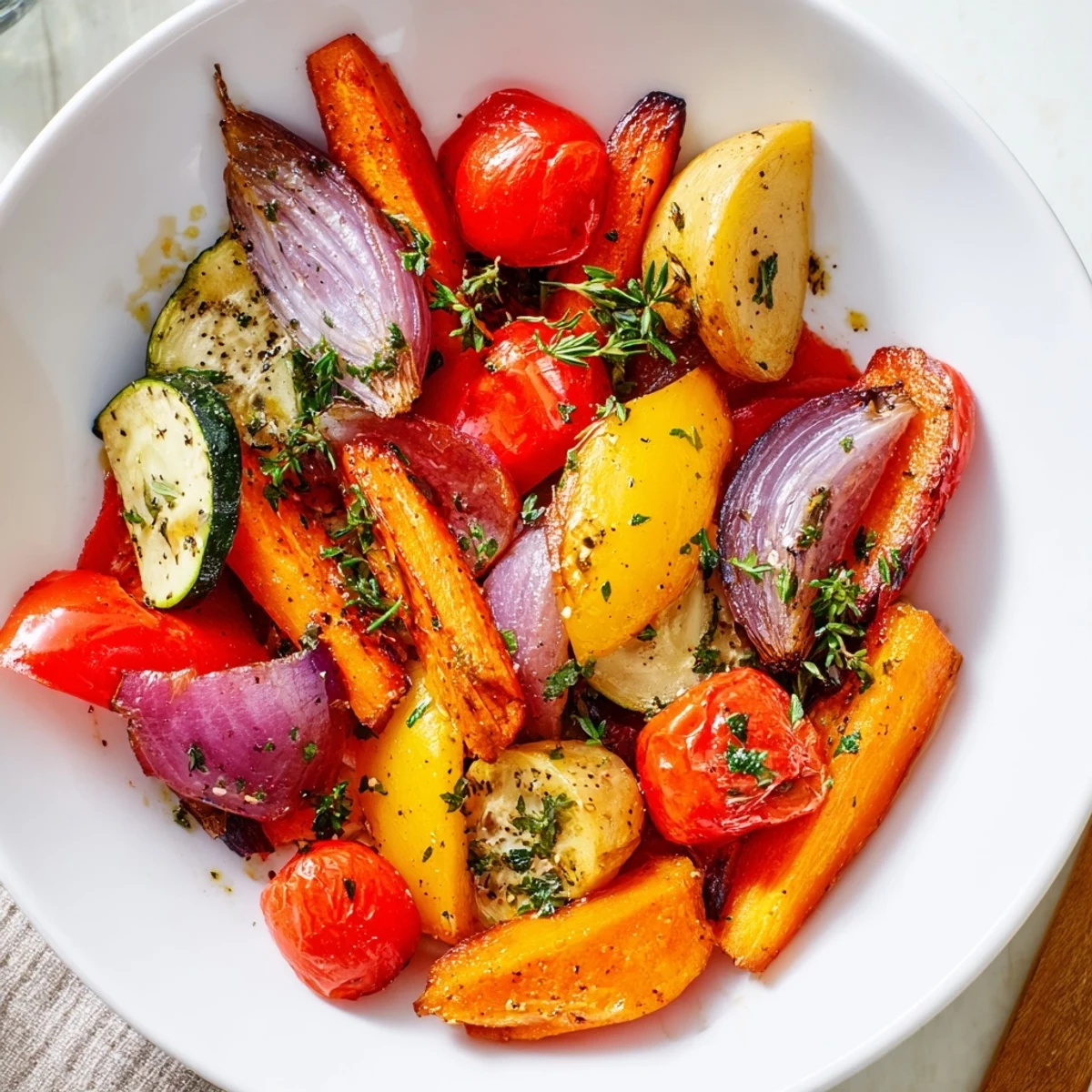 Oven-roasted vegetables beautifully seasoned with thyme, ready to delight your palate.  