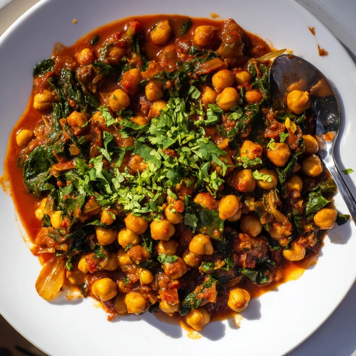 Comforting chickpea and spinach curry served with warm naan bread on the side.