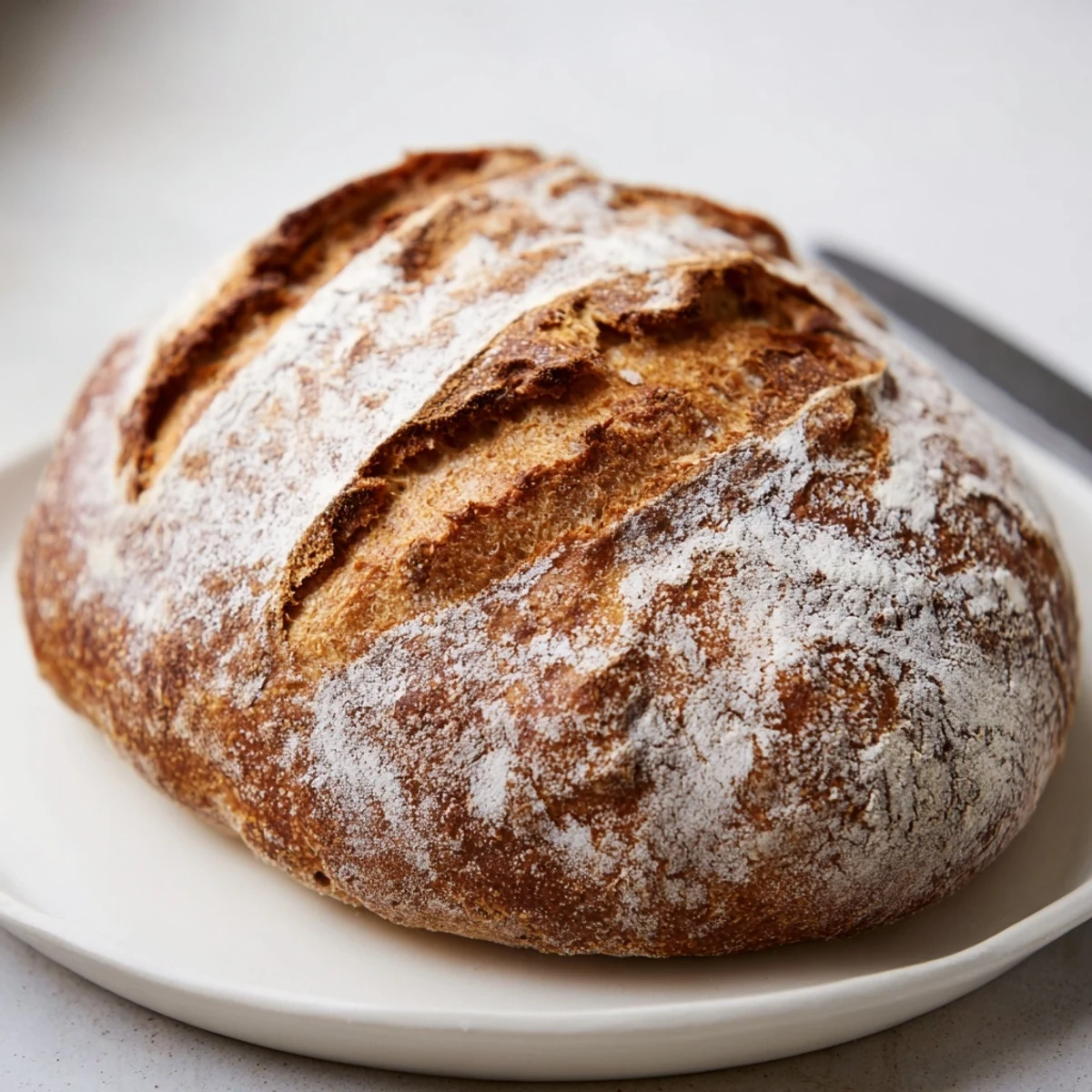 Golden-brown rustic sourdough bread loaf, perfect for sandwiches and butter.  