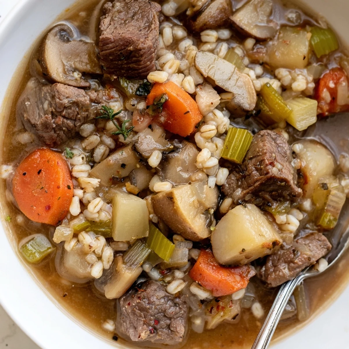Hearty Beef and Barley Comfort Stew simmered with tender vegetables and rich flavors.  