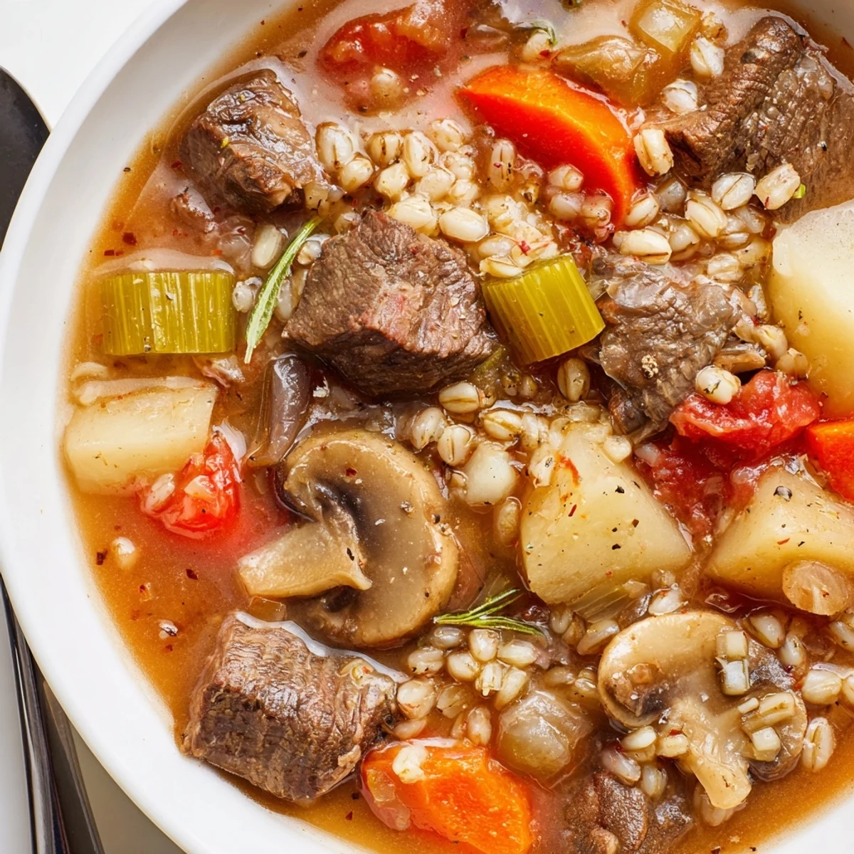 Savory Beef and Barley Comfort Stew, featuring nourishing barley and vibrant veggies in broth.