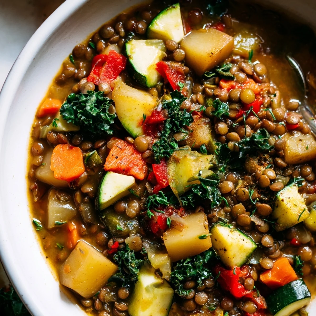 A steaming bowl of hearty lentil and vegetable stew garnished with fresh herbs.  