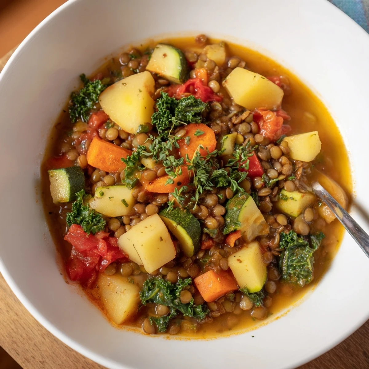 Colorful lentils and vegetables simmered together in a warm, comforting stew.  