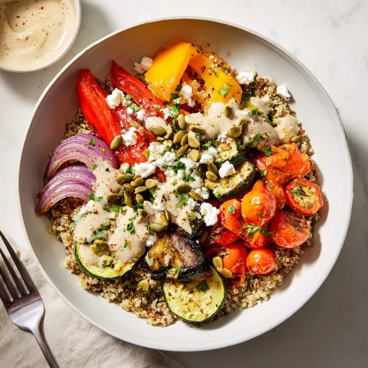 A colorful quinoa and roasted vegetable bowl topped with zesty tahini dressing.  
