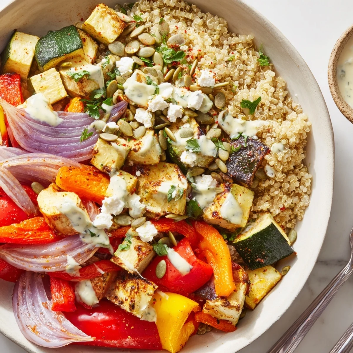 Vibrant quinoa and roasted vegetable bowl garnished with feta and fresh herbs, ideal for lunch.