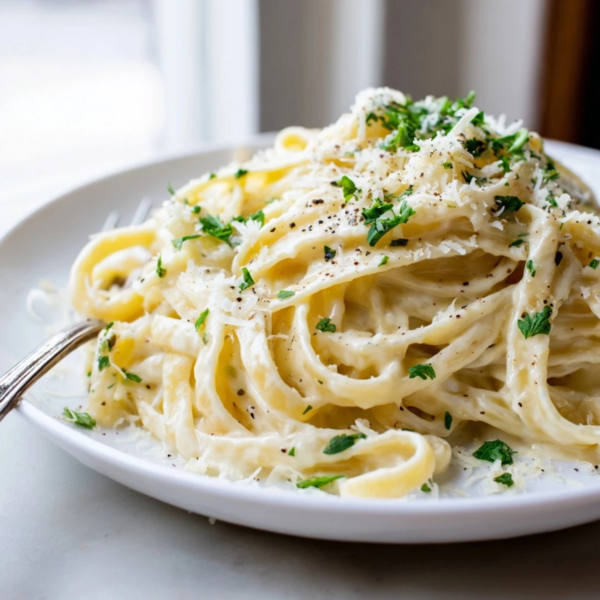 Creamy One-Pot Garlic Parmesan Pasta topped with fresh parsley and red pepper flakes.  