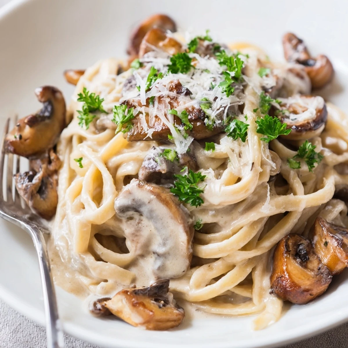 Creamy Mushroom Alfredo Pasta topped with fresh parsley and extra Parmesan cheese.  
