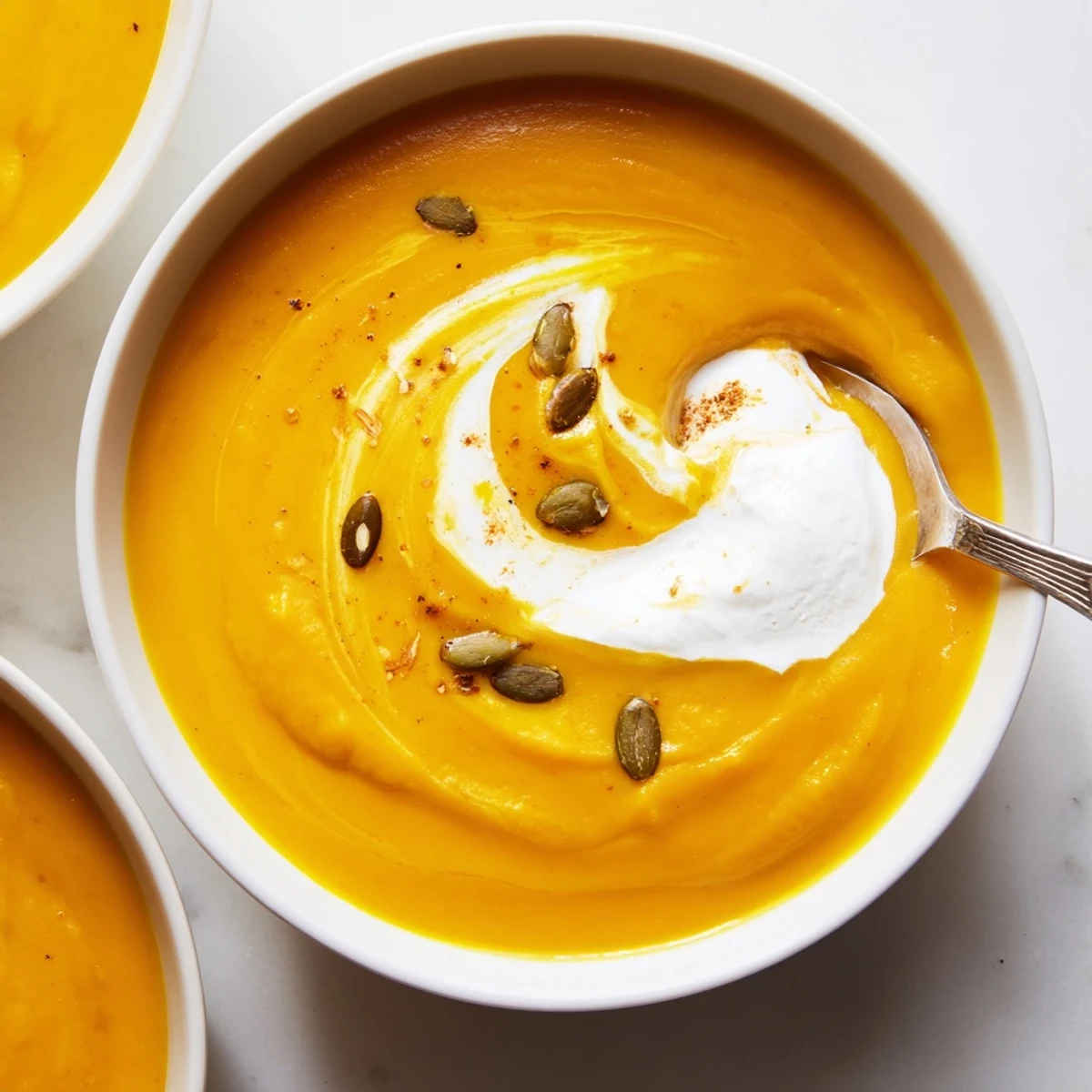 A warm bowl of Creamy Butternut Squash Soup with vibrant veggies and creamy goodness.