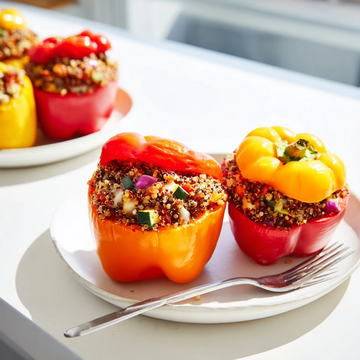 Colorful stuffed bell peppers with quinoa and basil, perfect for a healthy dinner.