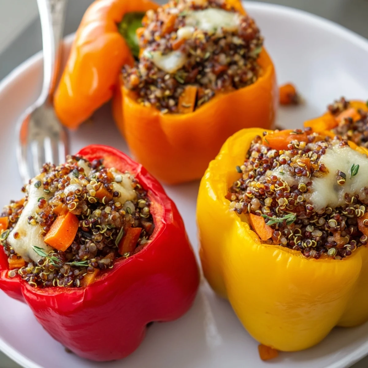 Baked stuffed bell peppers filled with herbed quinoa and vibrant vegetables, served warm.