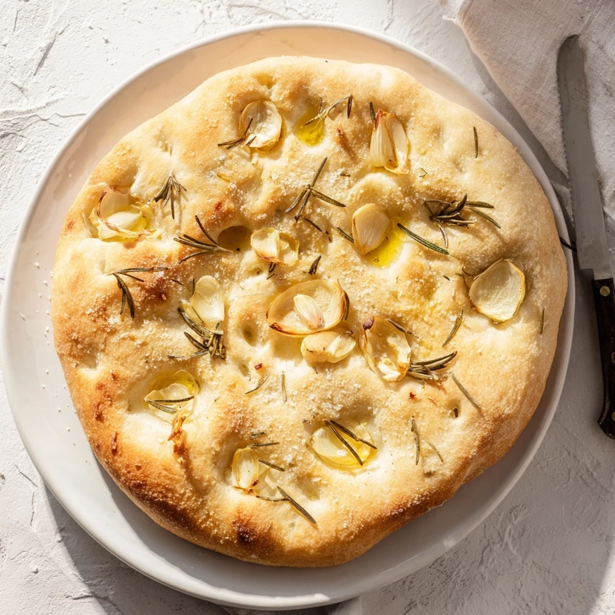 Delicious rosemary garlic focaccia bread topped with roasted garlic, offering a savory aroma.  