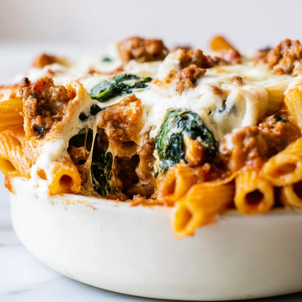 A delicious serving of Baked Ziti with Spinach and Sausage, featuring vibrant green spinach.