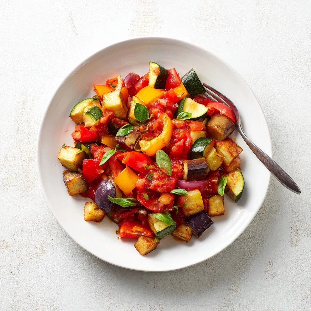 Colorful vegetable ratatouille with fresh herbs, perfect as a main or vibrant side.  