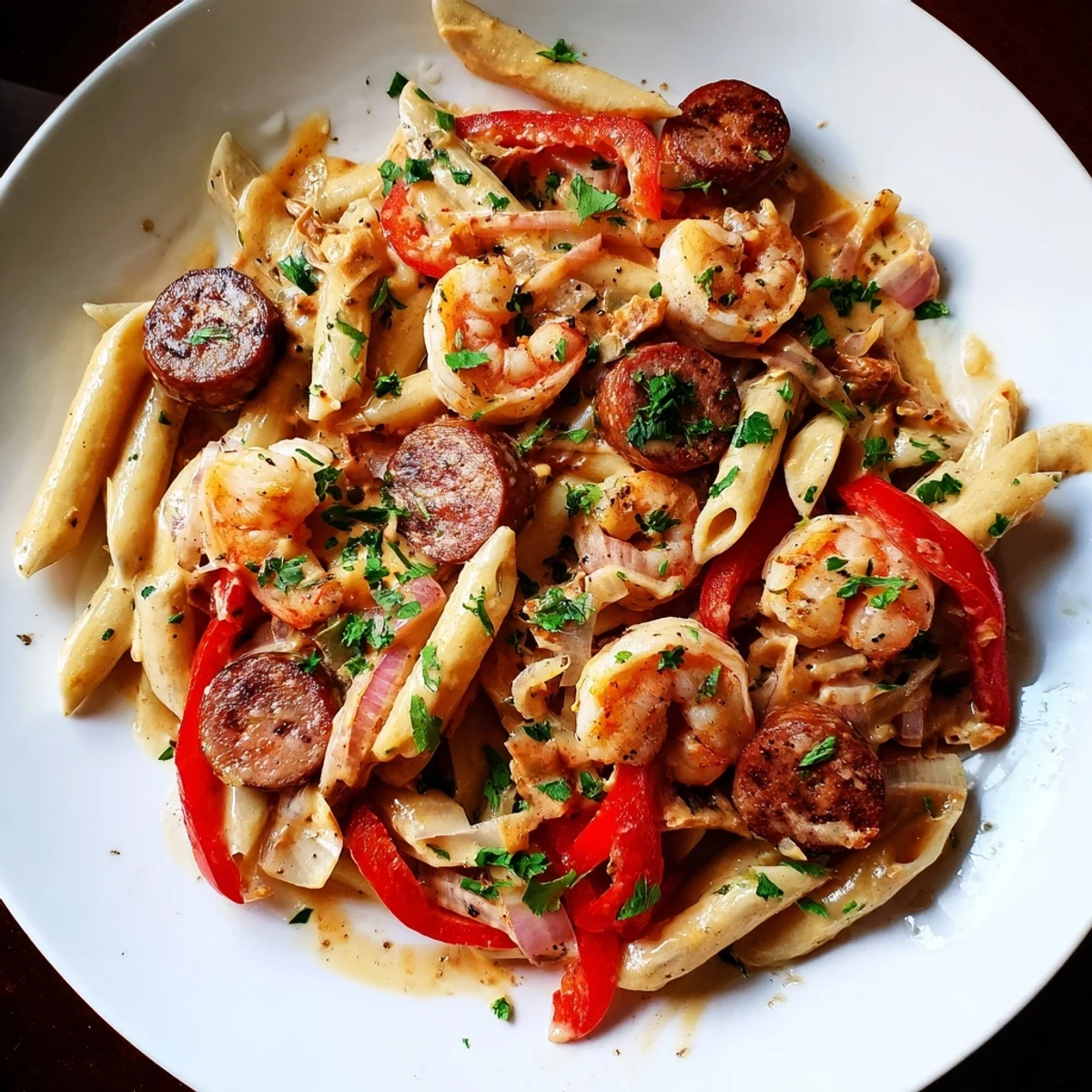 Cajun Sausage & Shrimp Alfredo Pasta Skillet: a flavorful, creamy pasta dish with shrimp and sausage.