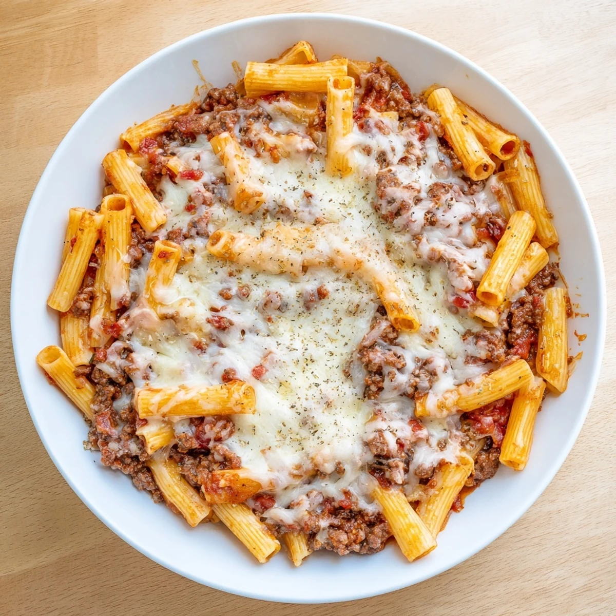 Steaming hot Cheesy Beef & Penne Bake with a golden cheese crust, ready to enjoy for dinner.