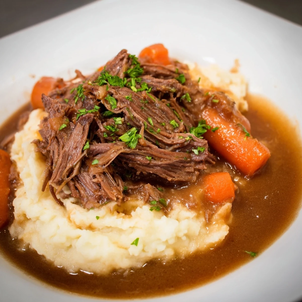 Tender slow cooker pot roast with vegetables and creamy mashed potatoes, ready to serve.