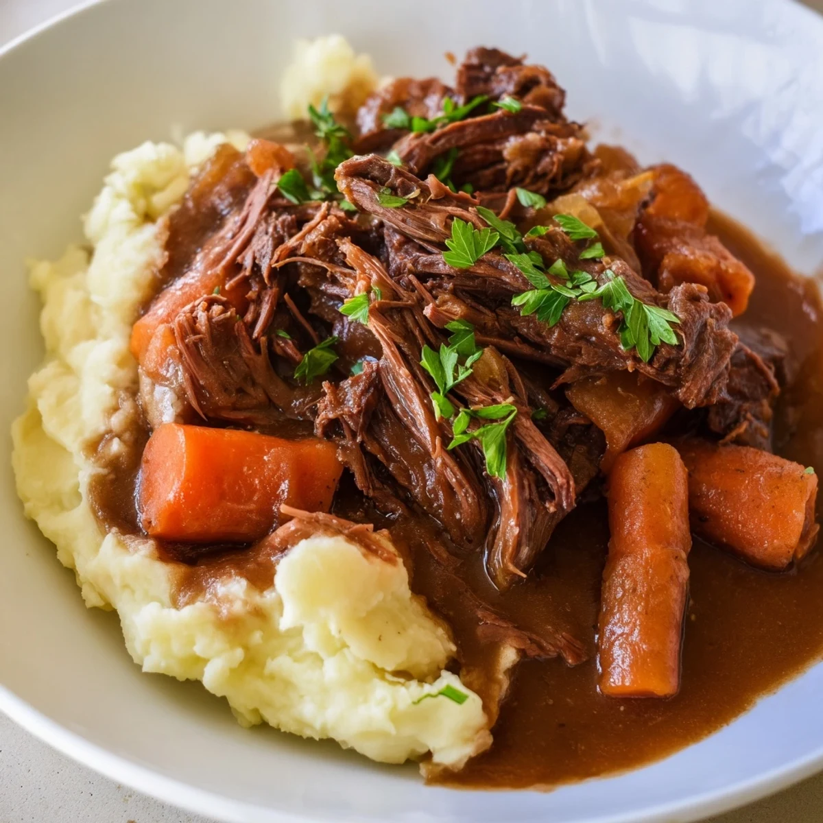 Fork-tender pot roast, served with fluffy mashed potatoes—a classic American slow cooker dish.