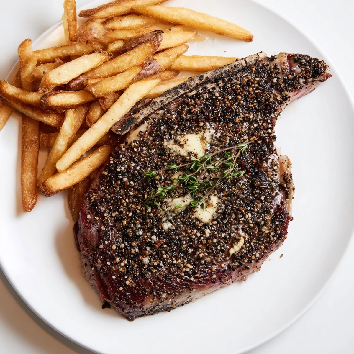 Juicy Classic Peppercorn Ribeye glistening with peppercorns, alongside a pile of golden-brown crispy fries.