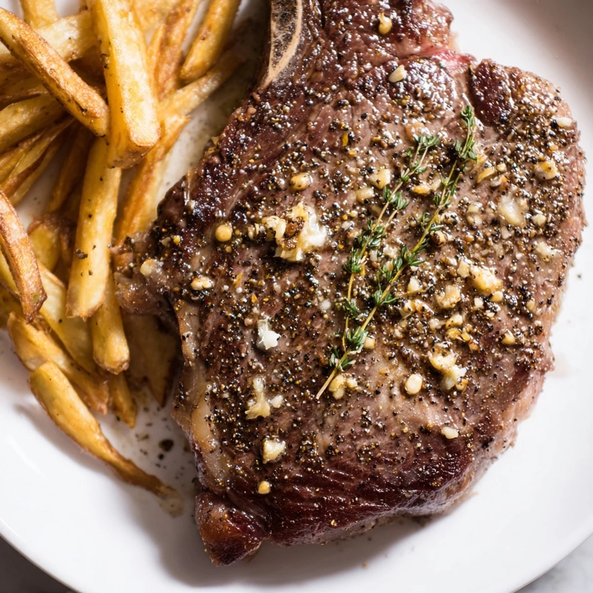 Perfectly seared Classic Peppercorn Ribeye with a side of golden fries, a savory steakhouse delight.