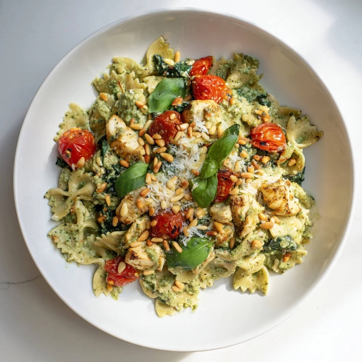 Pesto Chicken Bowtie Pasta: Creamy pesto coats tender chicken and pasta, garnished with parmesan and pine nuts.