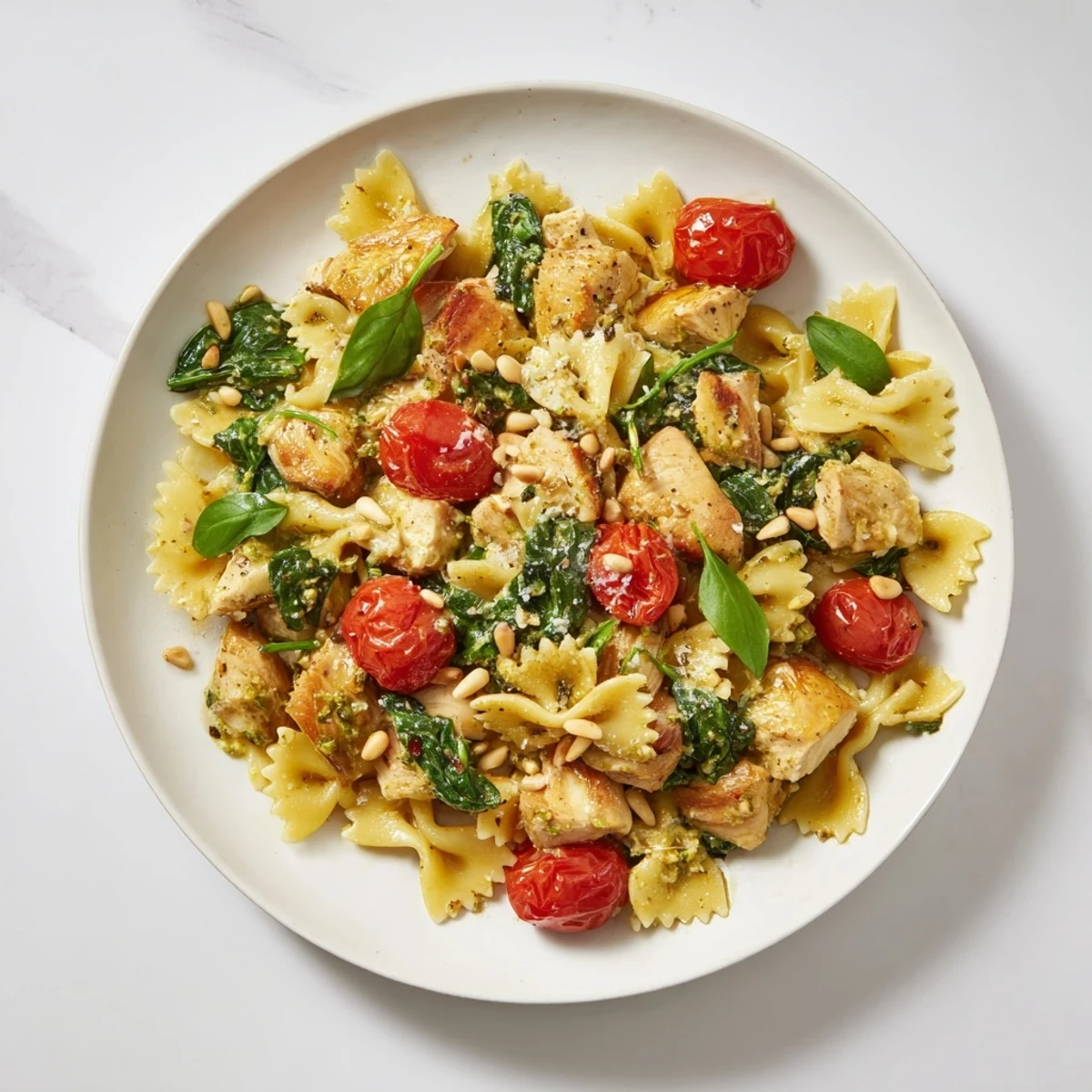 Warm, comforting bowl of Pesto Chicken Bowtie Pasta, perfect for a weeknight meal, ready to eat.
