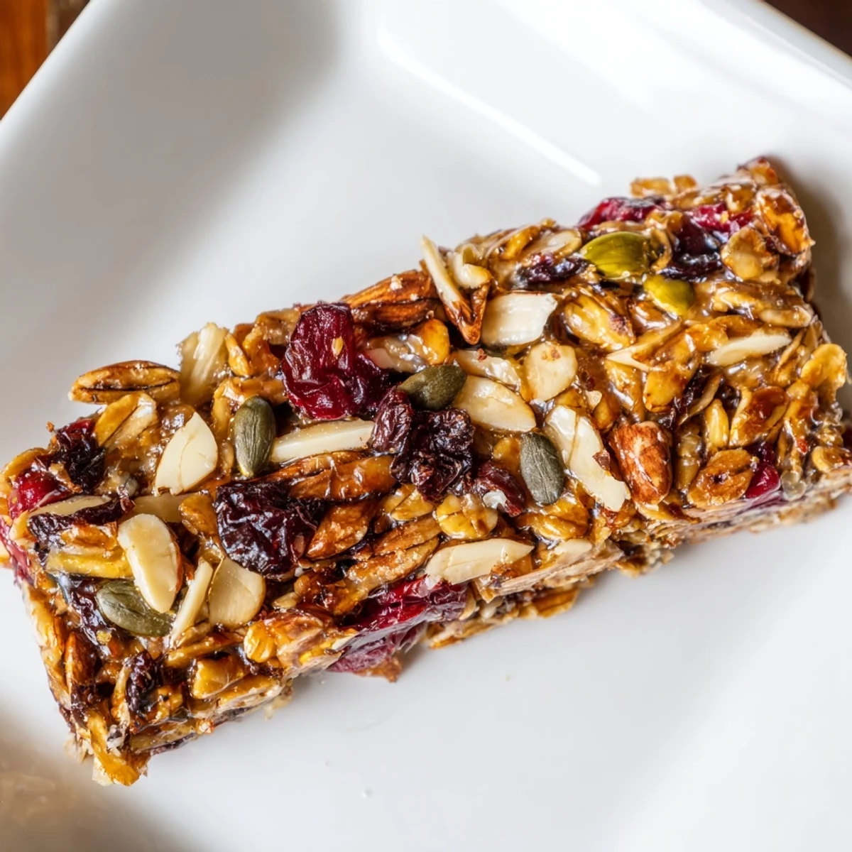 A close-up of baked Roasted Pumpkin Seed & Cranberry Granola Bars, perfect for a grab-and-go breakfast.