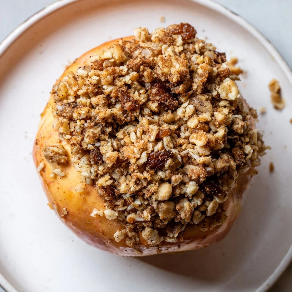 Golden baked apples with oat-nut crumble, a warm dessert with cinnamon and sweet nuts.