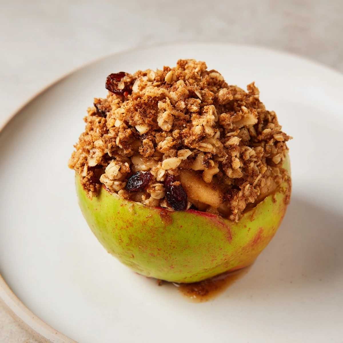 Close-up of baked apples with oat-nut crumble, perfectly browned and ready to serve warm.