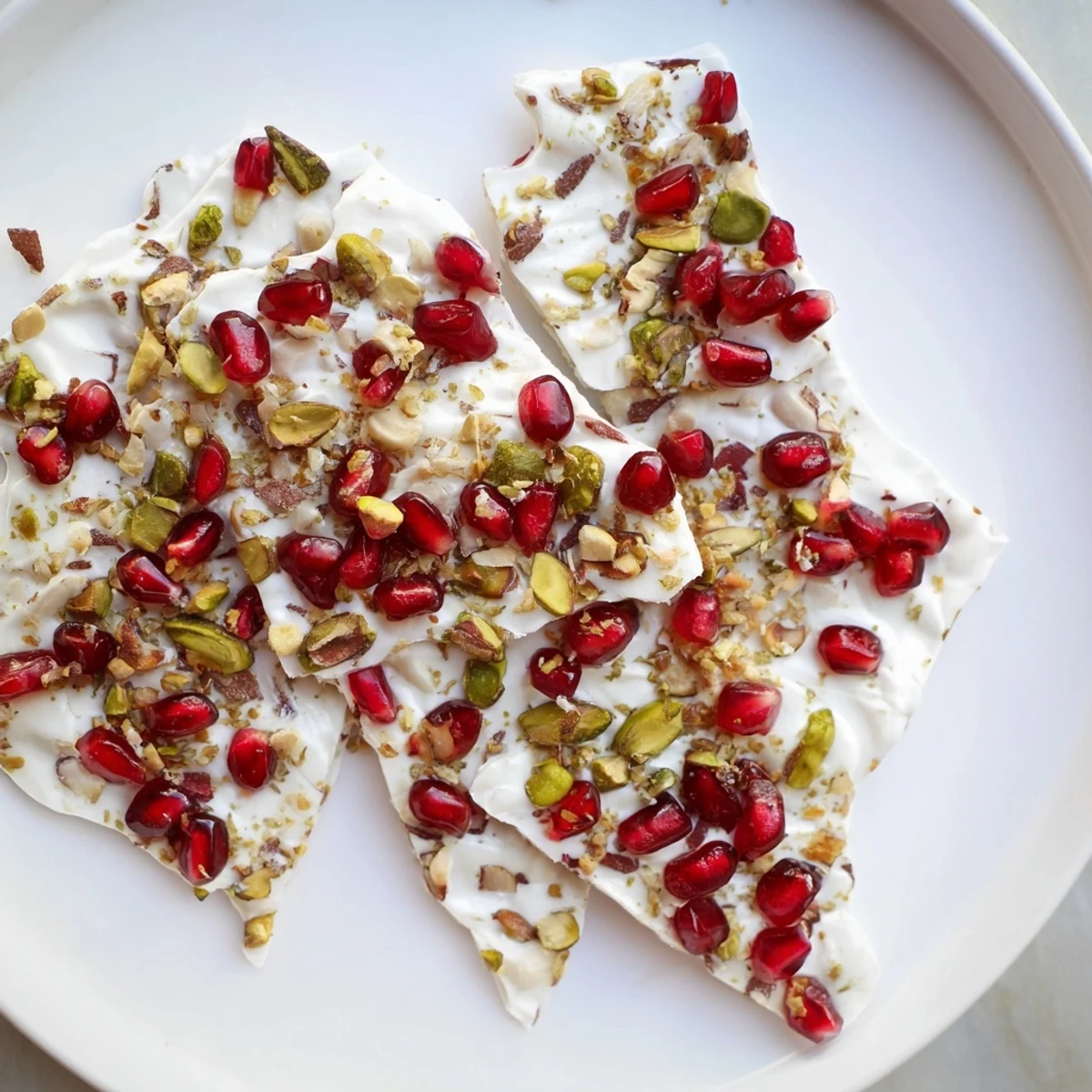 Vibrant frozen yogurt bark shows pomegranate jewels and pistachios atop creamy, swirled yogurt, ideal for a dessert.