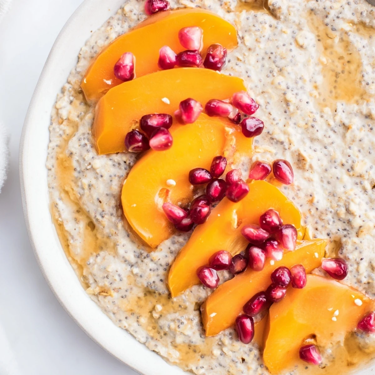 A close-up of vibrant Overnight Oats with Persimmon, showcasing the satisfying combination of sweet fruits and creamy oats.