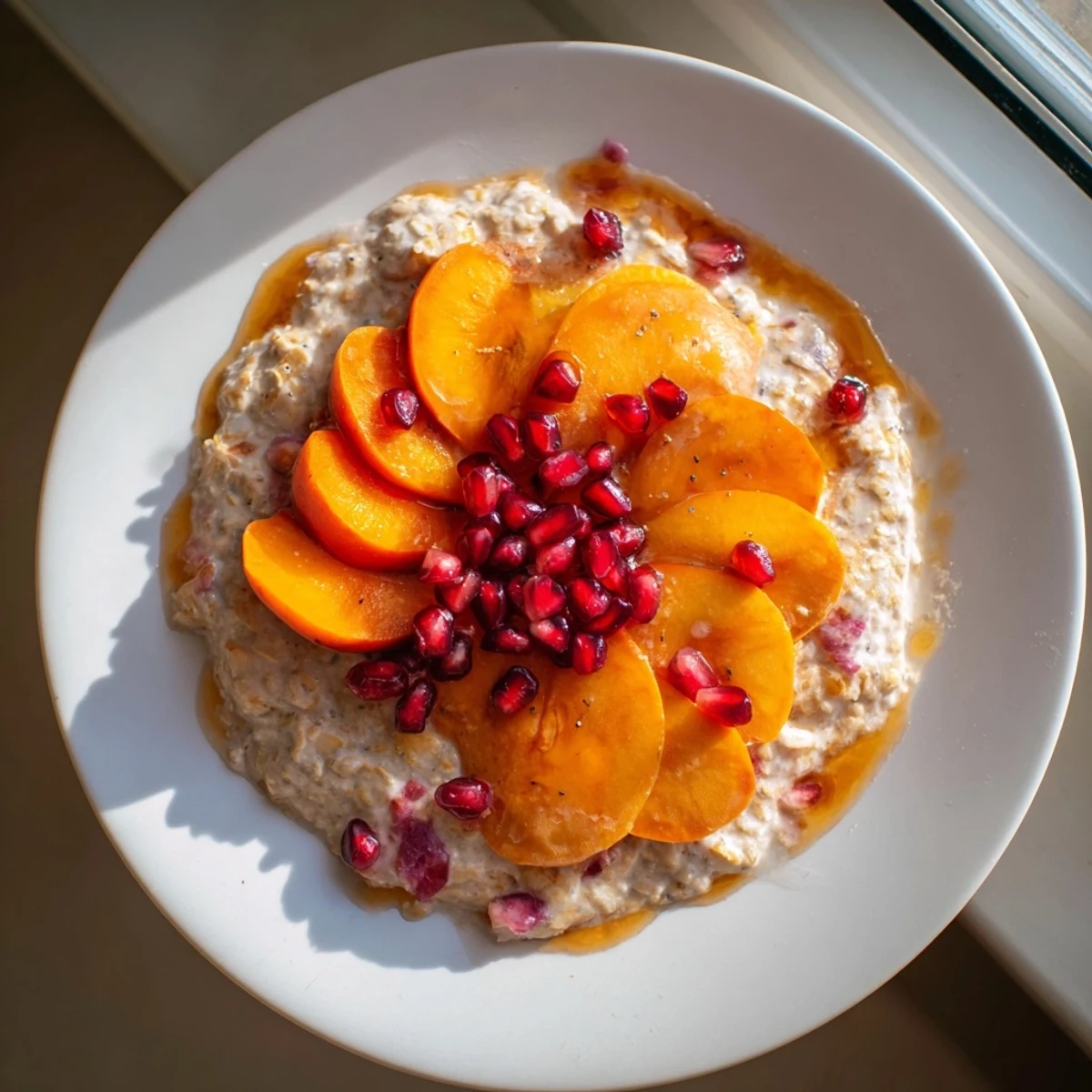 Overnight Oats with Persimmon, a beautifully layered breakfast with juicy pomegranate and creamy texture.