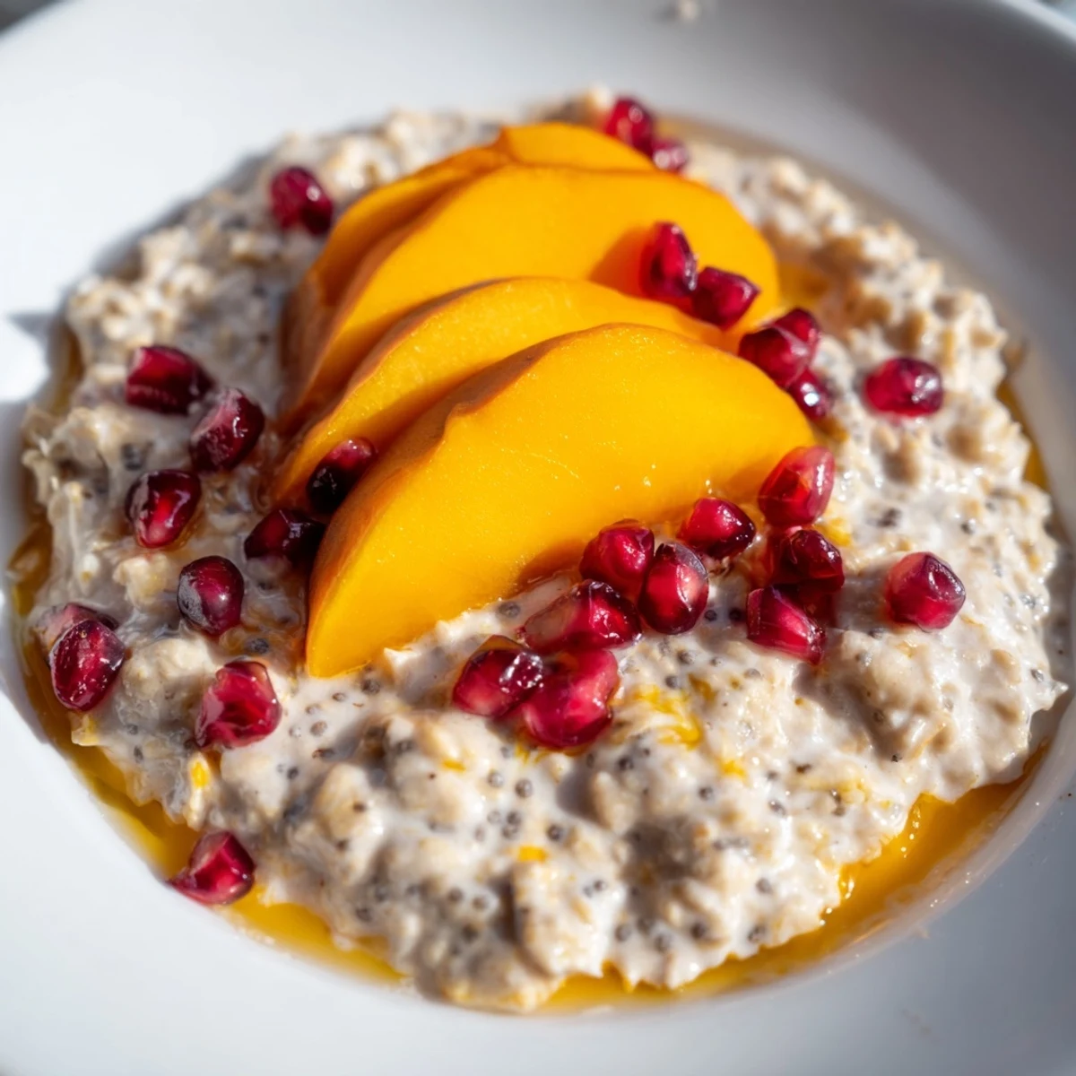 Freshly prepared Overnight Oats with Persimmon, garnished with bright red pomegranate seeds, perfect for morning.