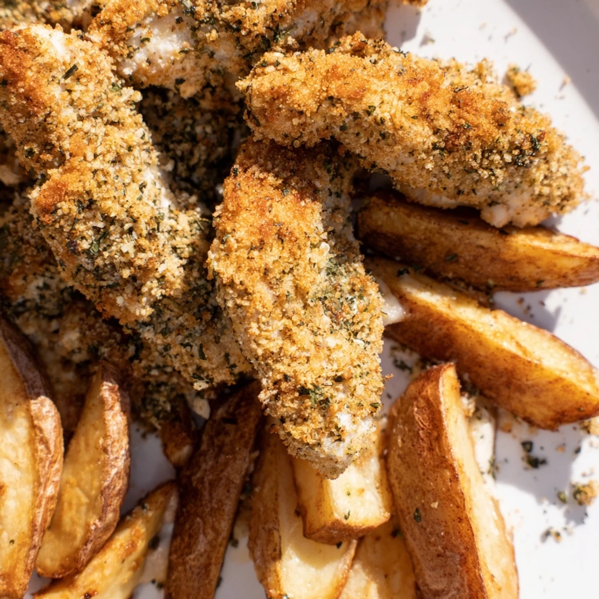Crispy herbed chicken tenders alongside golden potato wedges, a comforting American classic, awaits serving.