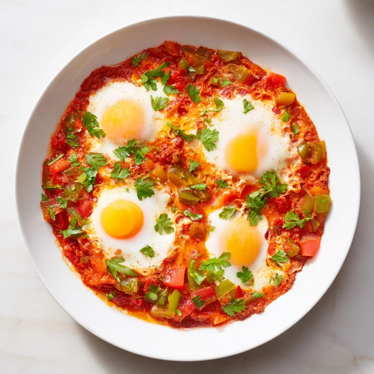 Fragrant Shakshuka with runny egg yolks, ideal for dipping crusty bread into the sauce.