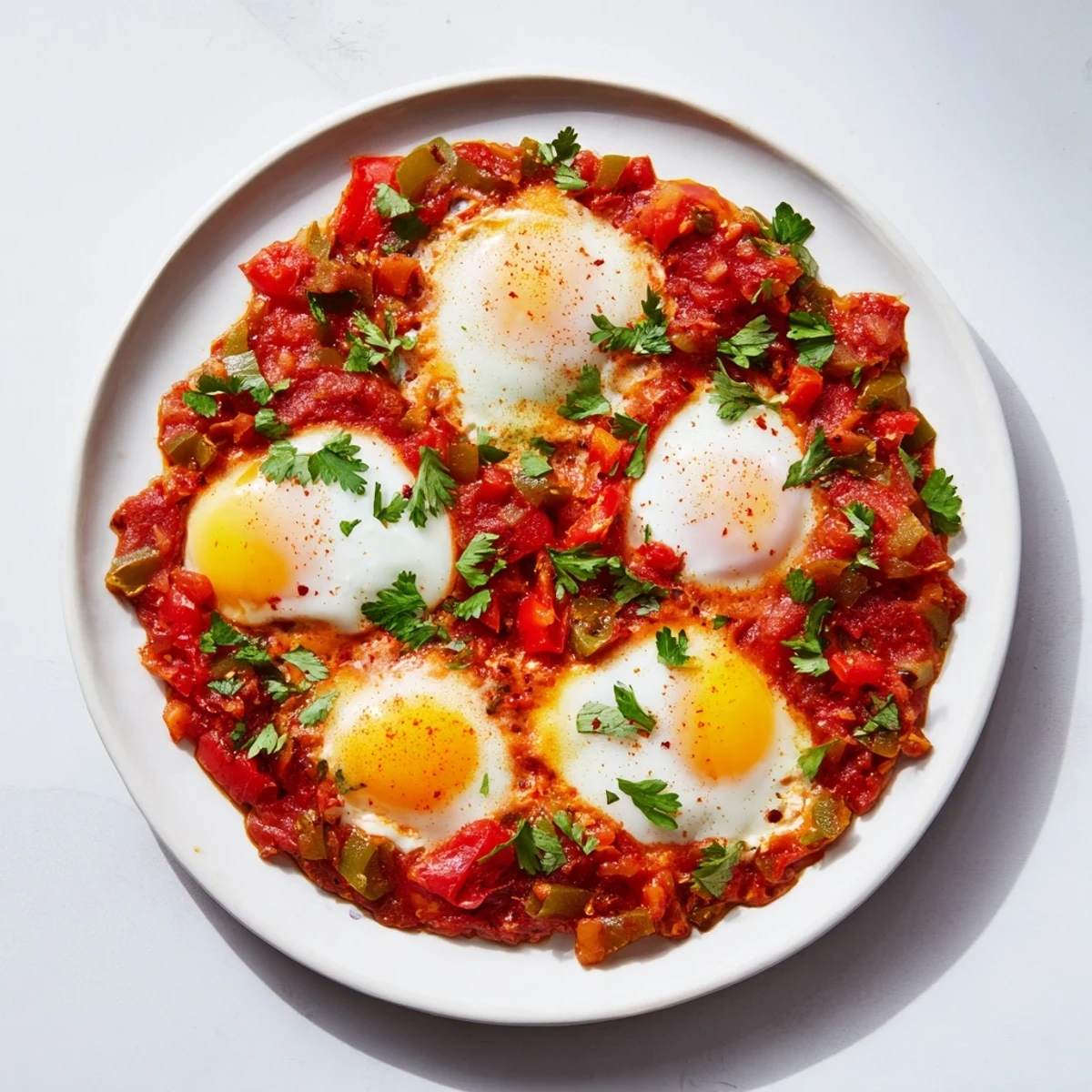 Bright red Shakshuka, a Middle Eastern egg dish, with a vibrant spiced tomato base.