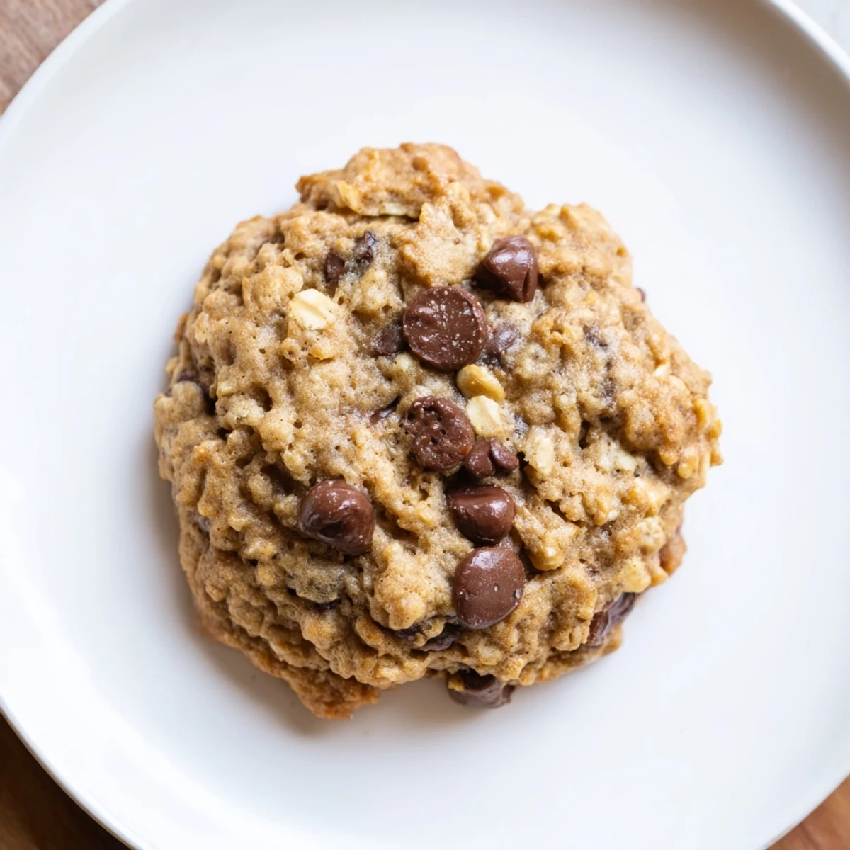 A close-up of soft, chewy Oat-Banana Chocolate Chip Cookies featuring melty chocolate chips.