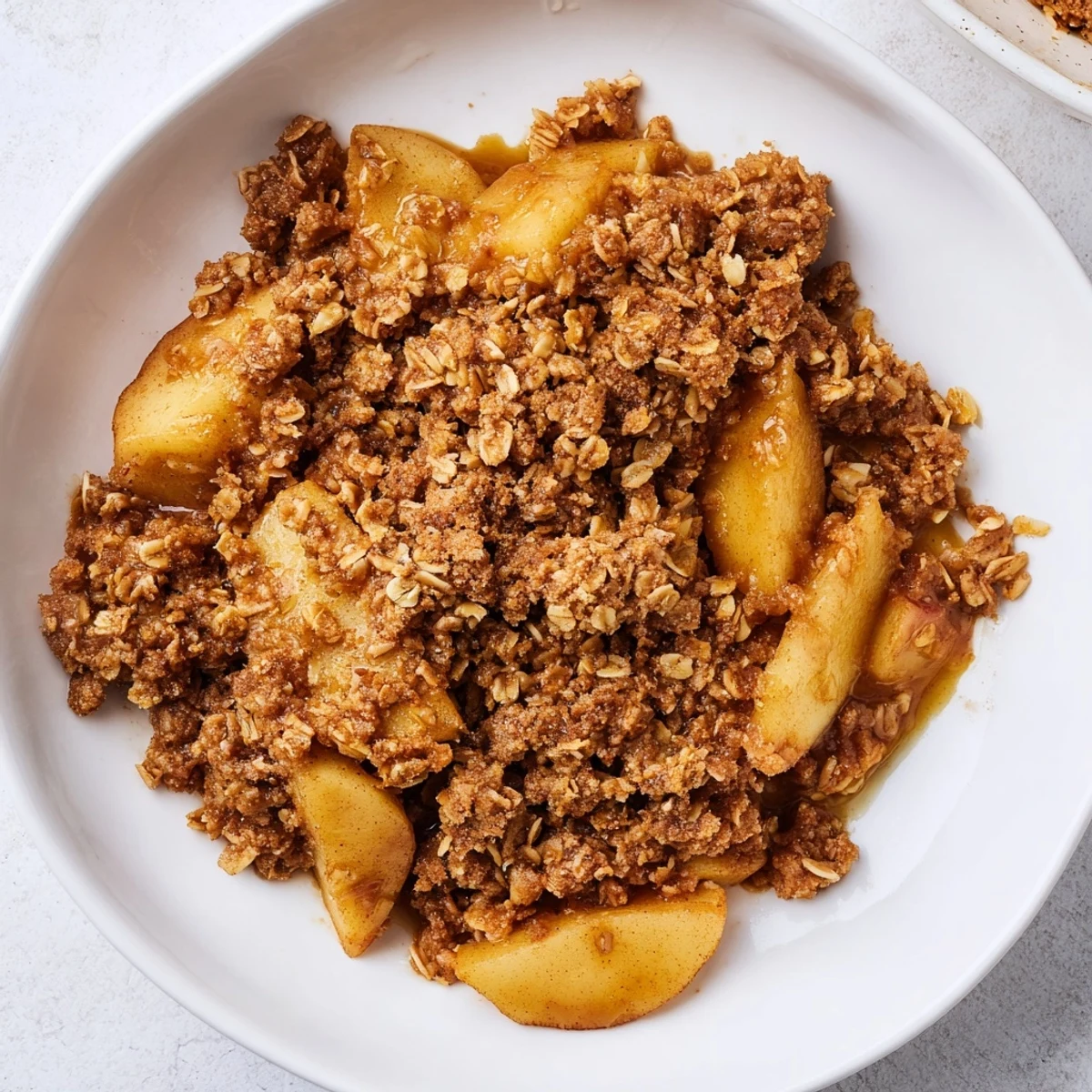 Golden brown Apple Crisp with a bubbly, cinnamon-infused apple filling ready to serve.