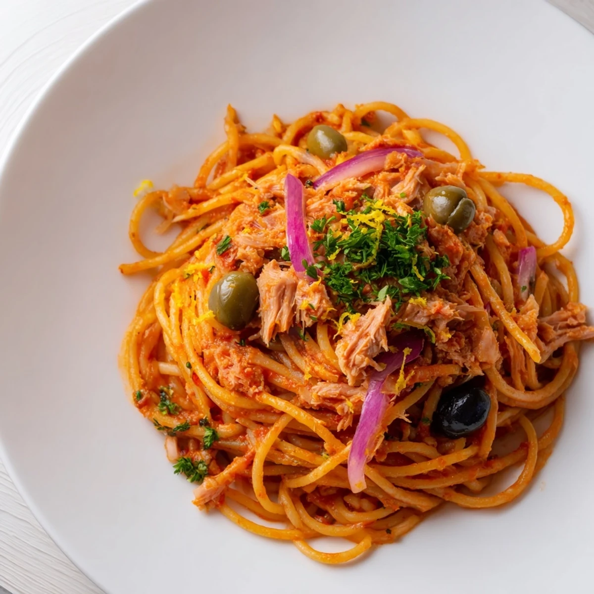 Pasta with Tuna olives & capers boasts a savory tomato sauce, flaky tuna, and briny olives.