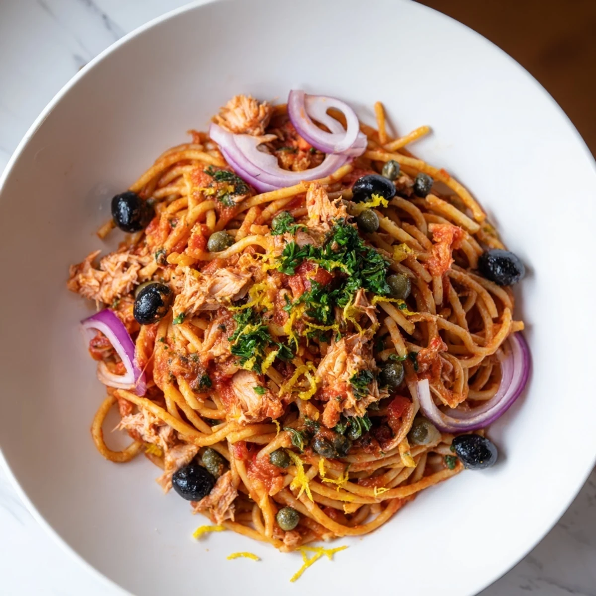 Close-up of freshly made Pasta with Tuna, Olives, & Capers, perfect for a flavorful dinner.