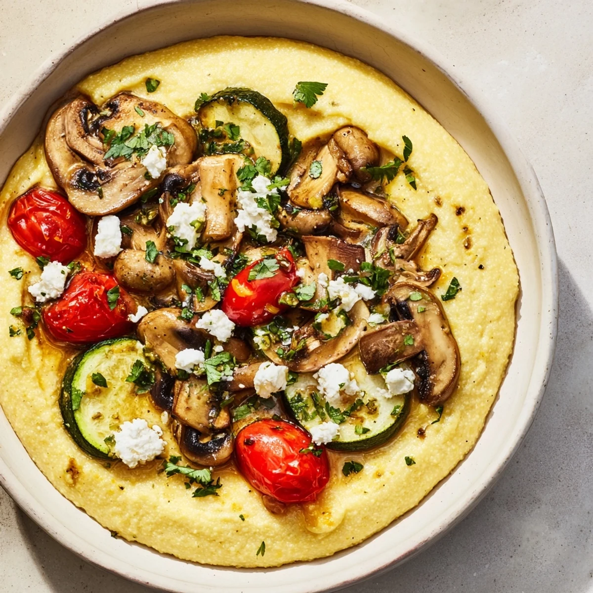 Warm Cornmeal Mush Polenta Bowls with roasted vegetables, creating a comforting vegetarian meal perfect for dinner.