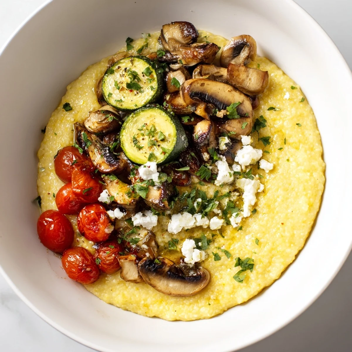 Creamy Cornmeal Mush Polenta Bowls garnished with fresh herbs alongside sautéed mushrooms, a hearty Italian-American dish.