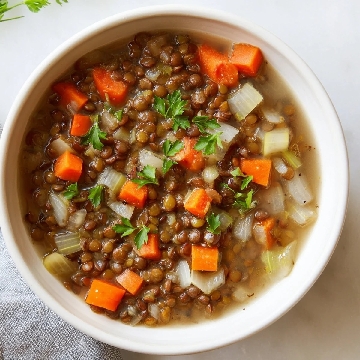 Close-up of a flavorful Lentil Soup with carrots and celery, perfect served with crusty bread and lemon.