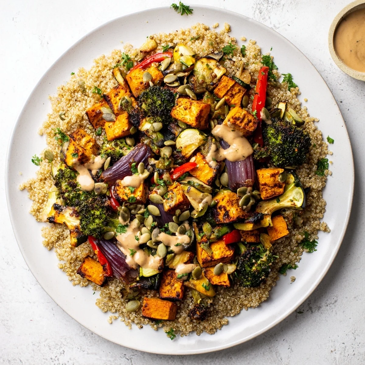 Steaming colorful roasted seasonal vegetables atop fluffy quinoa in this delicious quinoa bowl.