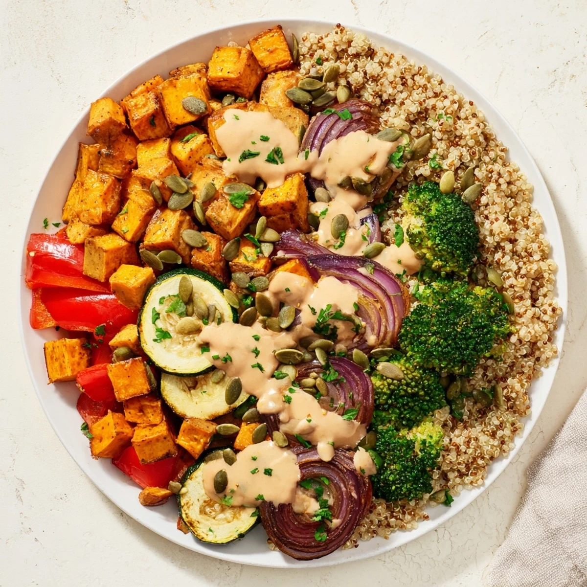 Freshly made quinoa bowl showcasing vibrant roasted veggies, drizzled with tangy lemon-tahini dressing.