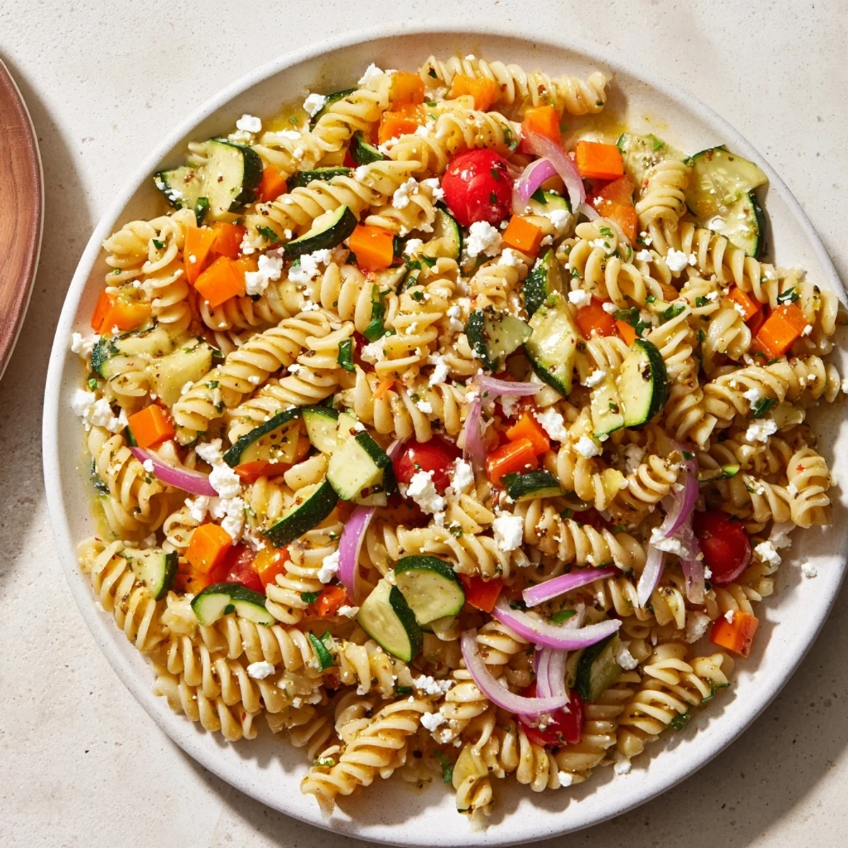 Vibrant Pasta Salad with Seasonal Veggies & Simple Dressing, featuring fresh cucumber, tomatoes, and herbs; a refreshing side.