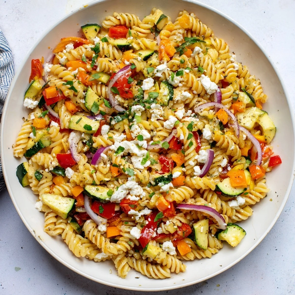 Pasta Salad with Seasonal Veggies & Simple Dressing, with colorful veggies and creamy dressing, perfect picnic food.