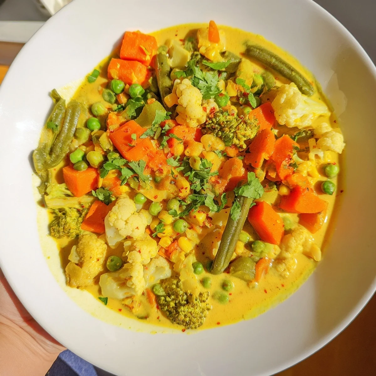 Steam rises from a serving of Veggie Coconut Curry, a vegan Indian-inspired dish.