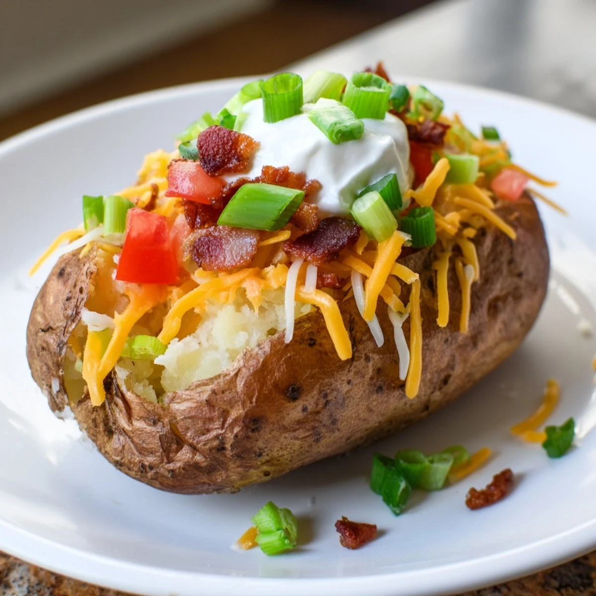 Golden-brown baked potato bar, loaded with cheddar, sour cream, and crispy bacon, ready to be enjoyed.