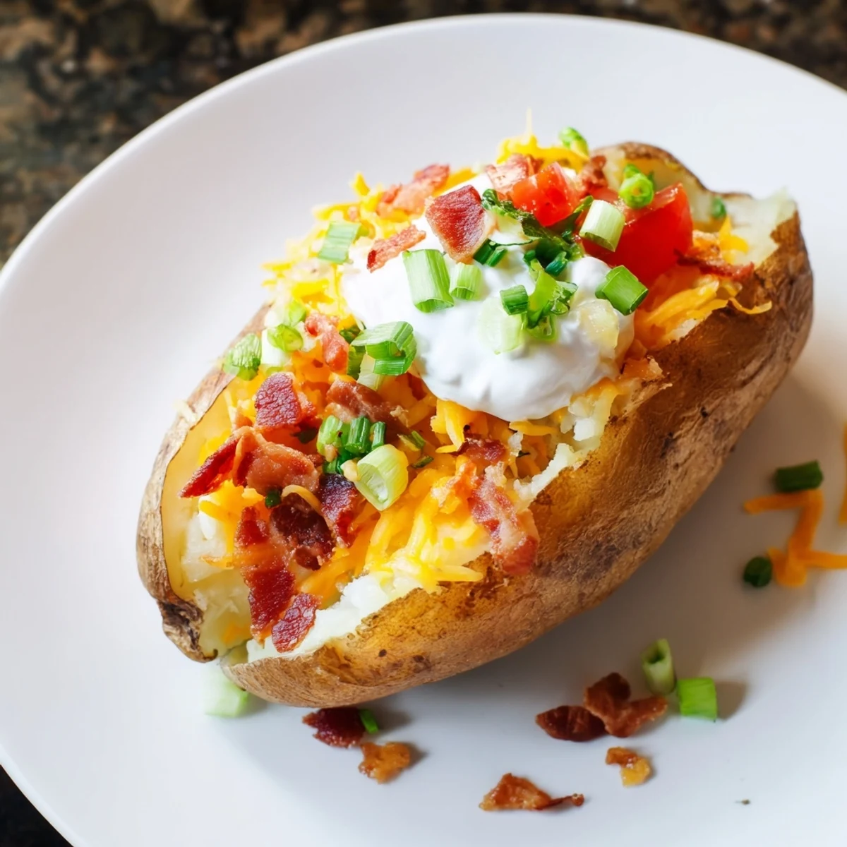 A delicious spread of toppings on the Baked Potato Bar, beside perfectly baked potatoes ready for dinner.